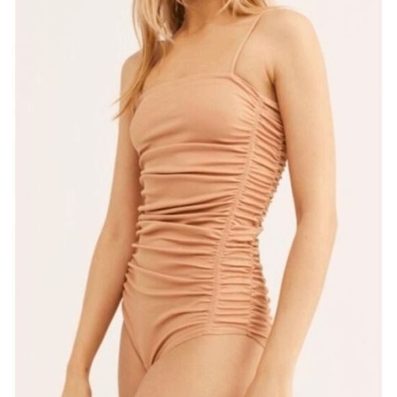 Free People NWT On Your Side Bodysuit Ruched Tan Sleeveless, Size Small, MSRP $5 - Picture 2 of 10